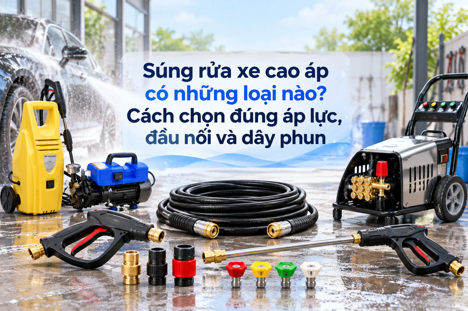 Súng rửa xe cao áp có những loại nào? Cách chọn đúng áp lực, đầu nối và dây phun