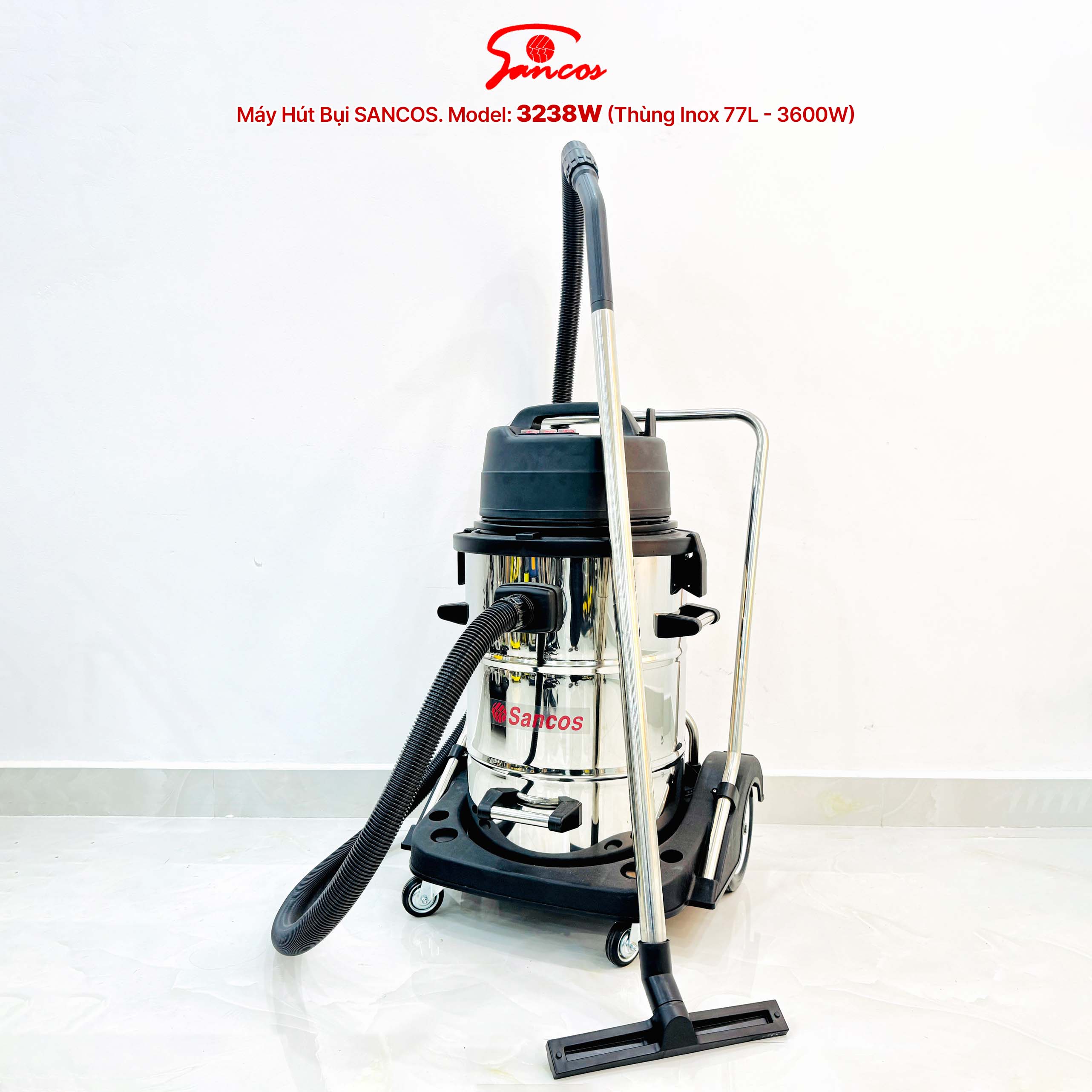 Máy hút bụi công nghiệp Sancos 3238W, thùng chứa 77L