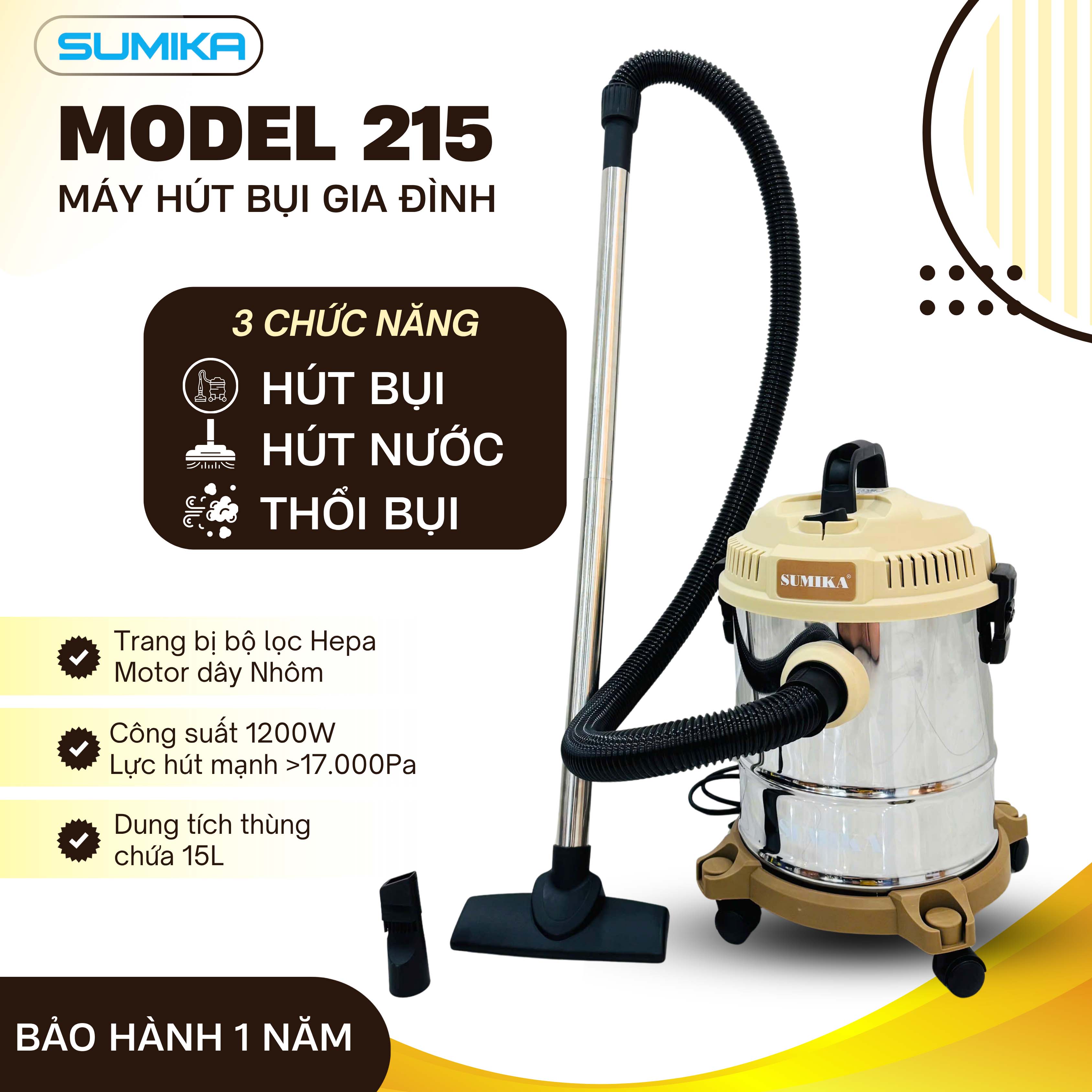 Máy hút bụi gia đình SUMIKA 215, công suất 1200W, thùng chứa 15L