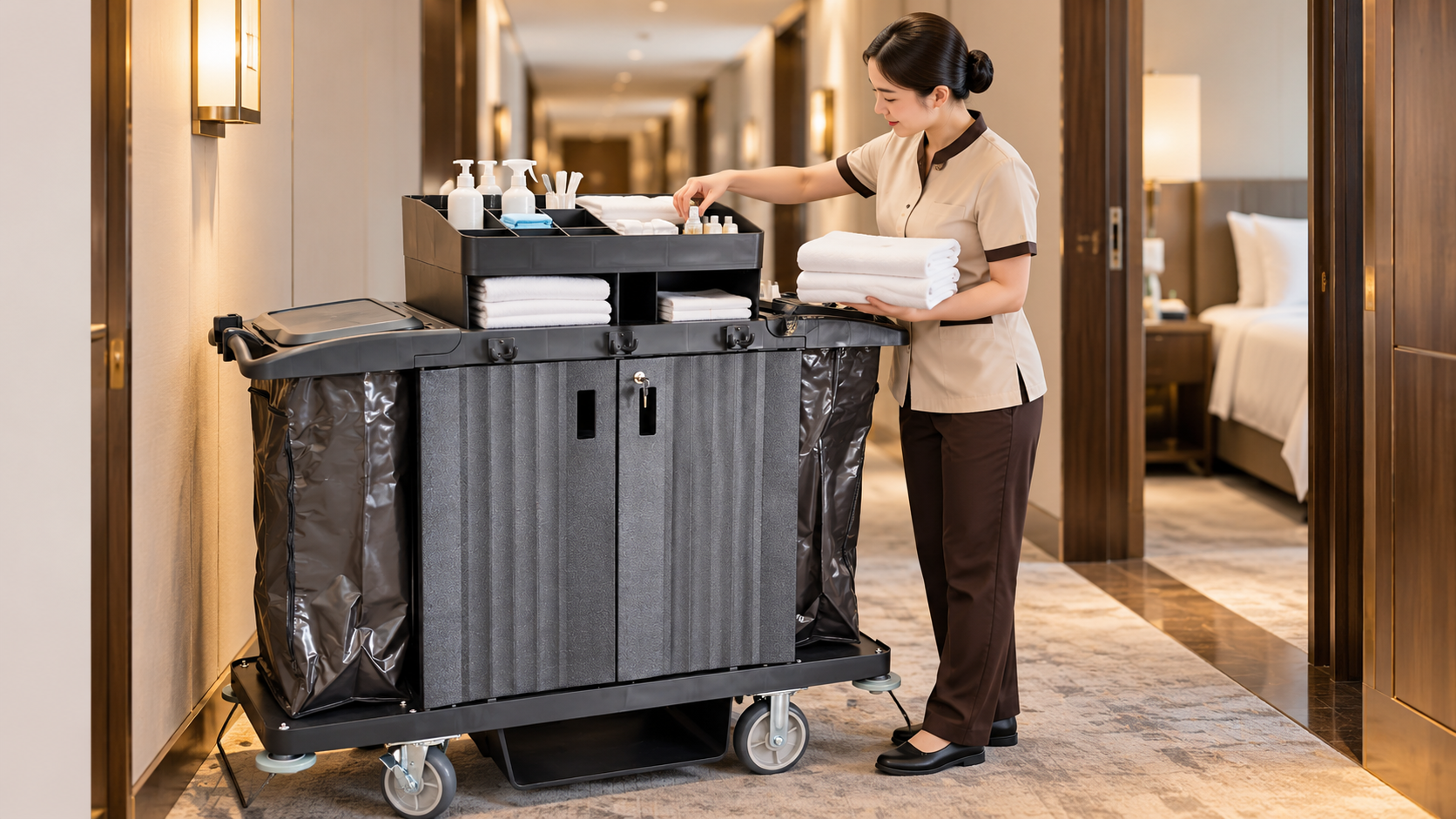 Xe đẩy vệ sinh khách sạn cần những ngăn và dụng cụ nào?