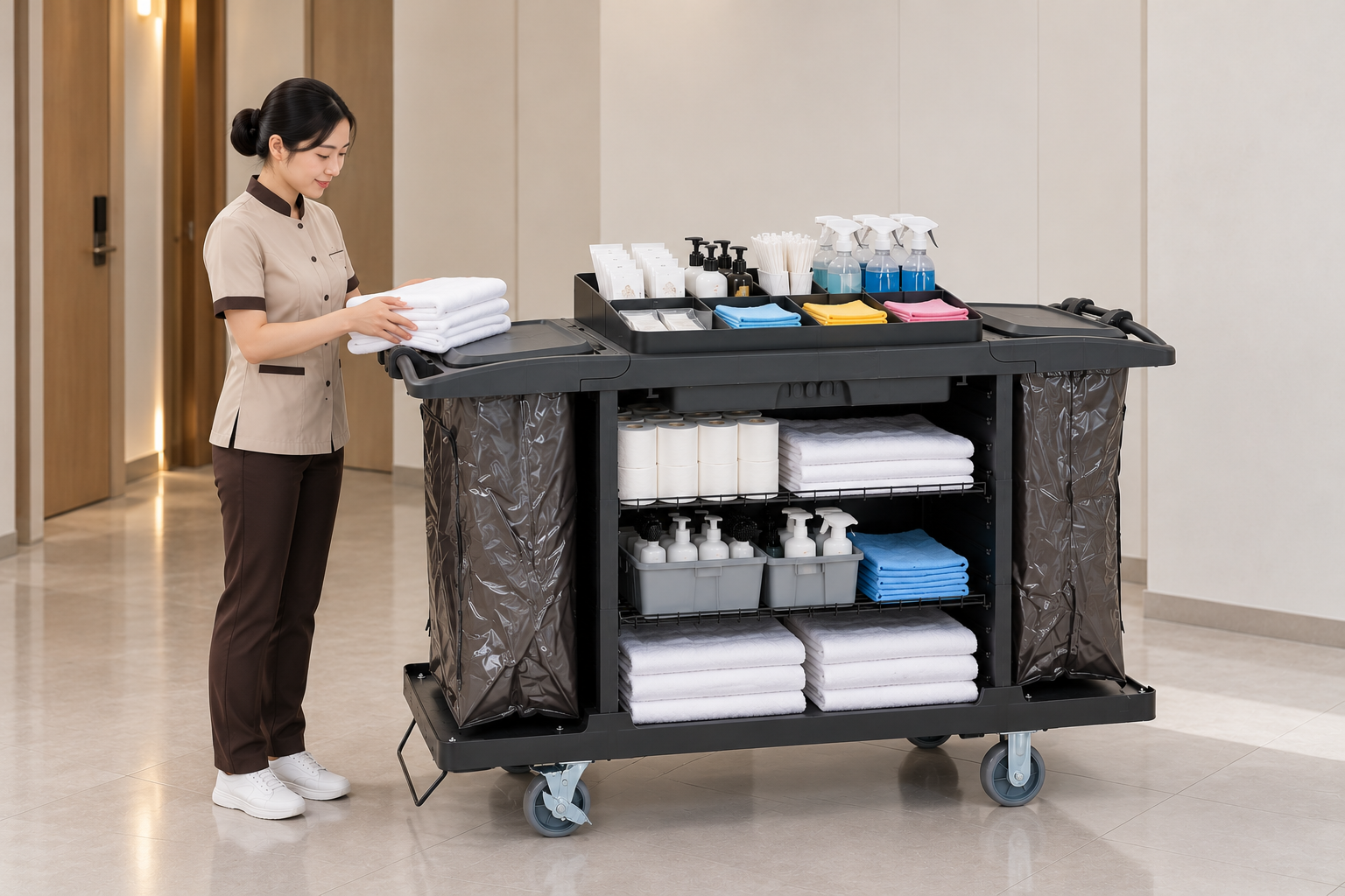 Xe đẩy vệ sinh khách sạn cần những ngăn và dụng cụ nào?