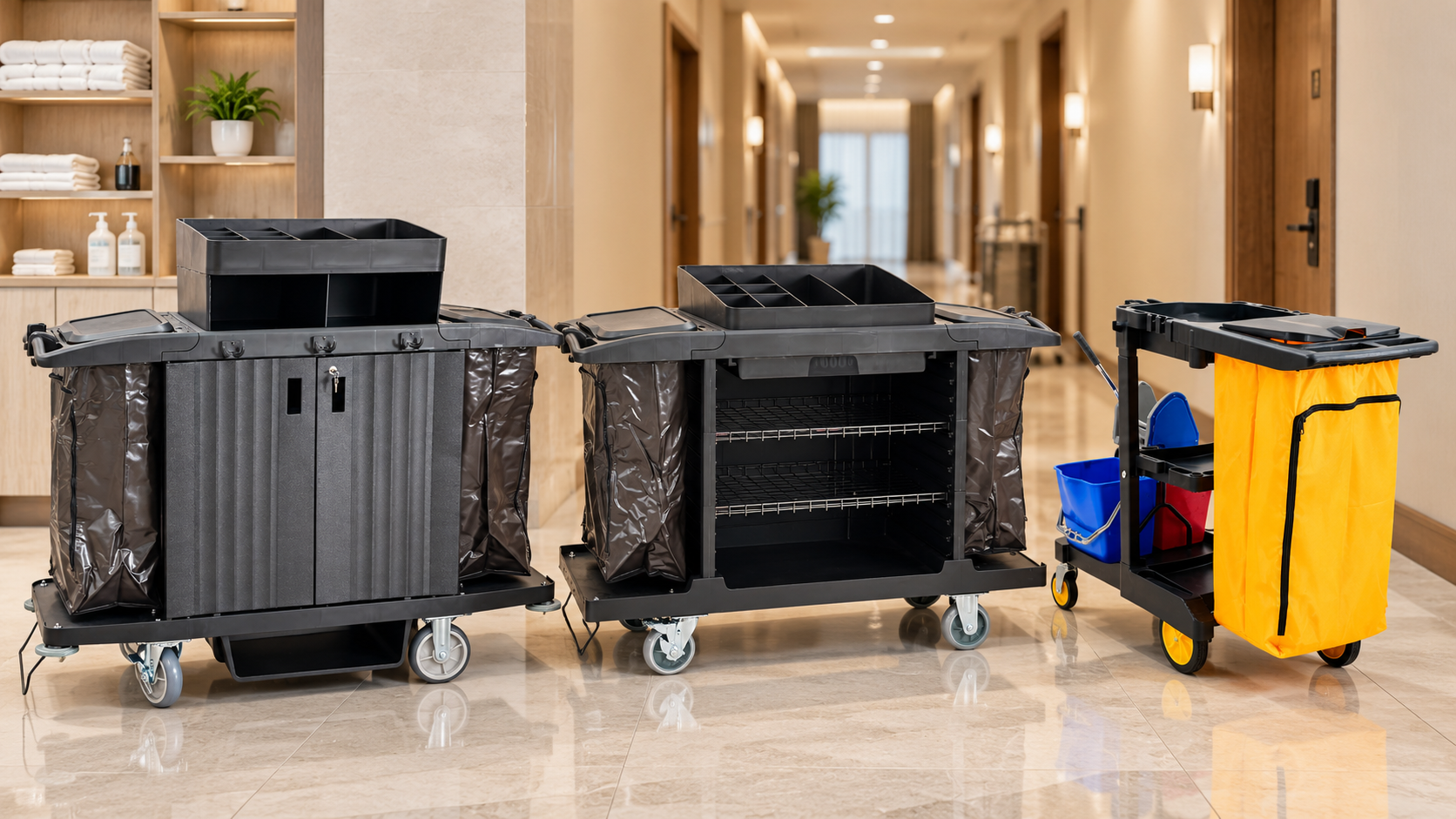 Xe đẩy vệ sinh khách sạn cần những ngăn và dụng cụ nào?